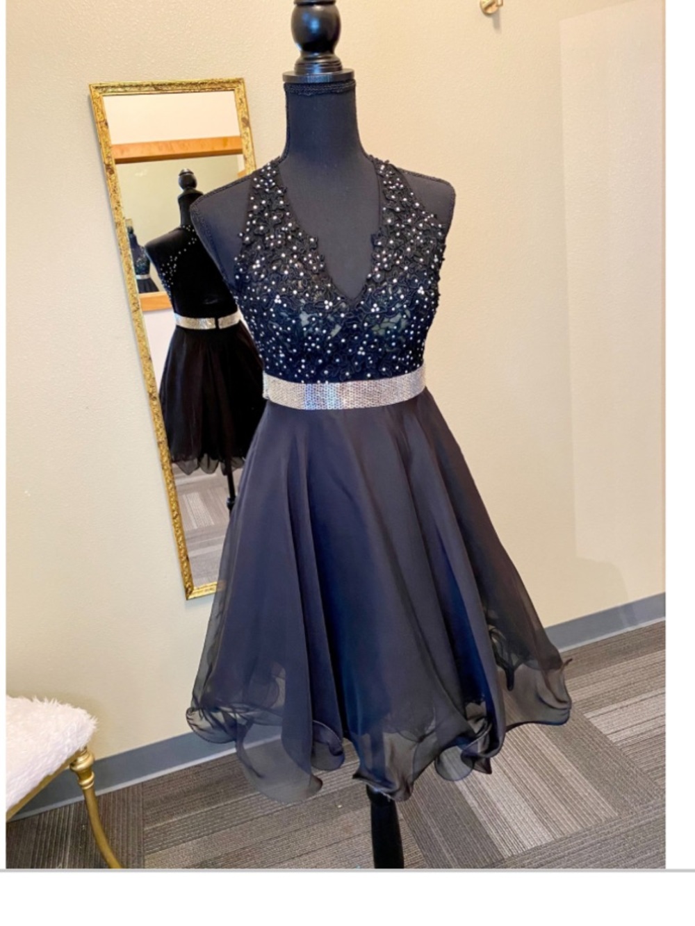 Mori Lee Black Beaded Halter Cocktail Dress with Rhinestone Waist